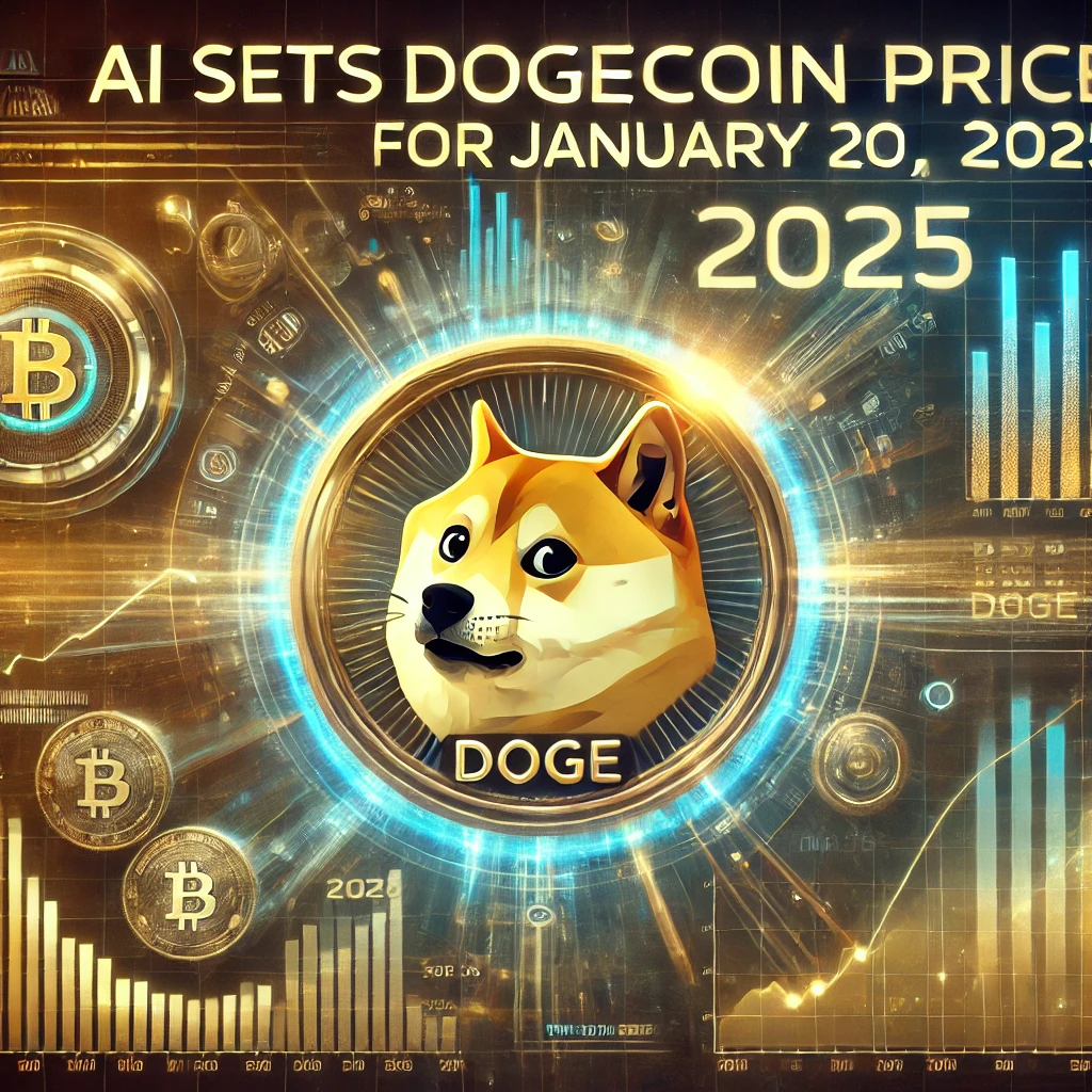 DALL·E 2025-01-15 10.54.36 - A futuristic digital illustration predicting the price of Dogecoin (DOGE) for January 20, 2025. The image features a glowing Dogecoin logo surrounded