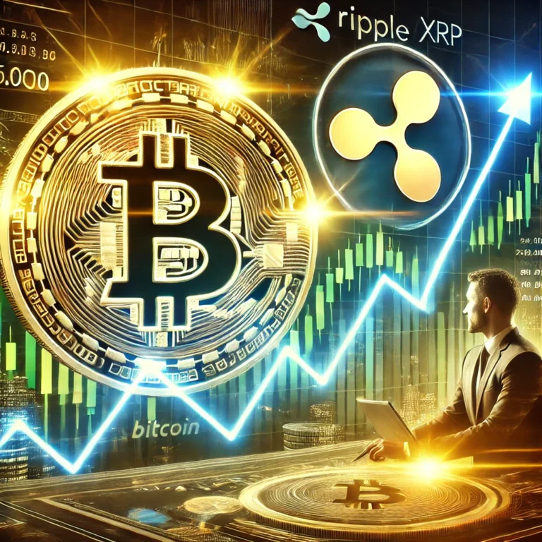 DALL·E 2025-01-16 13.54.04 - A dynamic digital illustration of Bitcoin and Ripple (XRP) surging in value. The image features a glowing Bitcoin symbol with a price marker of $100,0