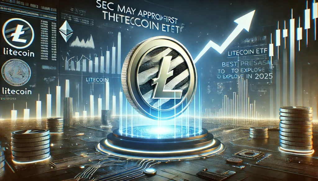 DALL·E 2025-01-16 14.14.10 - A futuristic and dynamic digital art scene featuring a glowing Litecoin coin prominently displayed, symbolizing financial innovation. The background i