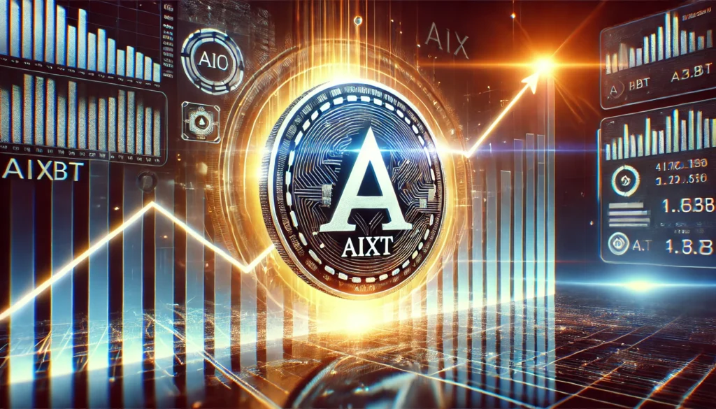 DALL·E 2025-01-16 14.30.42 - A futuristic and dynamic cryptocurrency-themed image featuring the AIXBT token prominently displayed in a glowing, high-tech setting. The background i