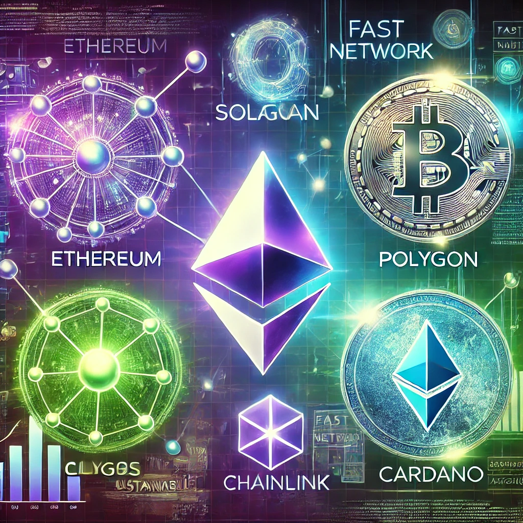 DALL·E 2025-01-17 13.26.42 - A futuristic and vibrant digital illustration showcasing the top 5 cryptocurrencies_ Ethereum, Solana, Polygon, Chainlink, and Cardano. Ethereum symbo