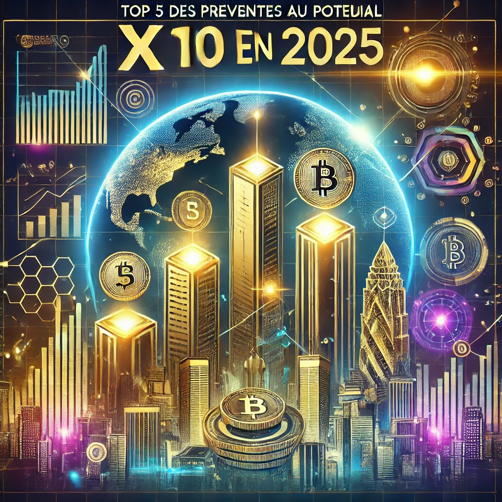 DALL·E 2025-01-17 13.34.26 - A visually dynamic and modern digital poster for a title 'Top 5 des préventes au potentiel x10 en 2025.' The design features a futuristic cityscape wi