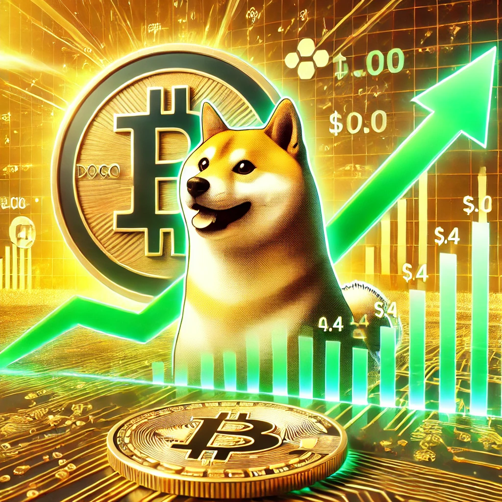 DALL·E 2025-01-17 13.42.20 - A digital artwork representing Dogecoin's bullish momentum with a rising price chart heading towards the $0.4 mark. The image features the Dogecoin lo