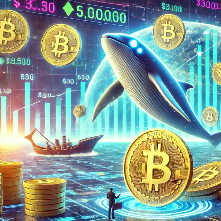 DALL·E 2025-01-17 22.19.55 - A digital illustration of a futuristic financial market with Dogecoin (DOGE) symbols rising towards the $3 mark. The scene includes large whales in th