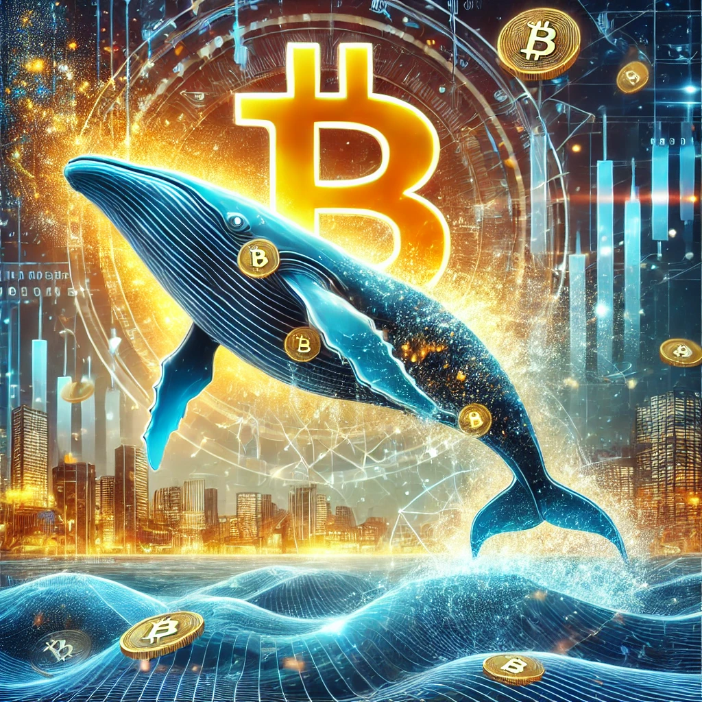 DALL·E 2025-01-18 15.46.13 - A dynamic and modern digital illustration depicting the rise of Bitcoin whales in the cryptocurrency market. The image features a giant whale made of