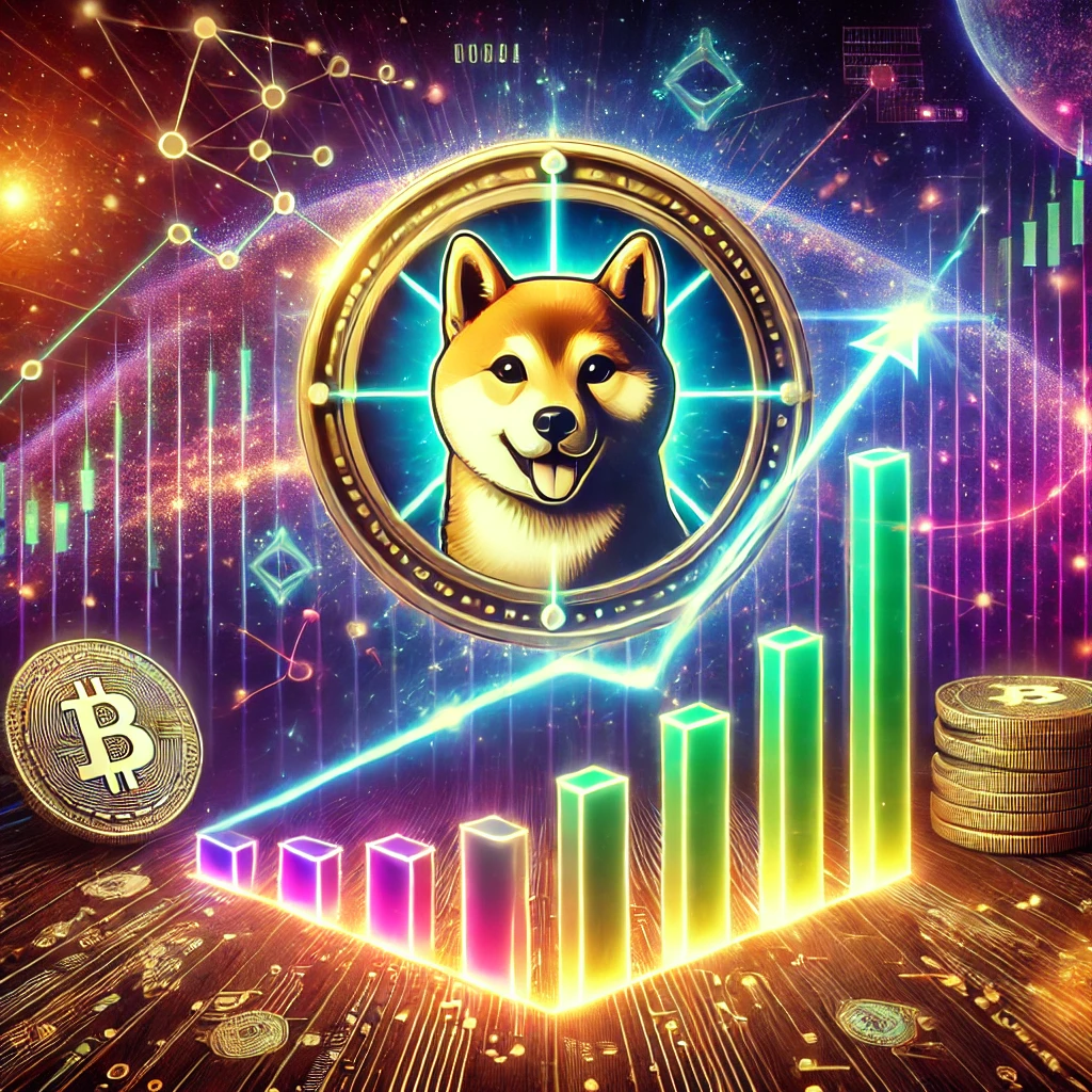 DALL·E 2025-01-18 16.08.13 - A creative digital artwork symbolizing the rise of a new cryptocurrency, inspired by the theme of Shiba Inu. The image features a futuristic and vibra