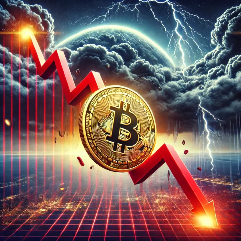 DALL·E 2025-01-18 16.13.02 - A dramatic digital artwork showcasing the sudden crash of Bitcoin, with a Bitcoin coin symbol falling from a steep graph. The background features stor