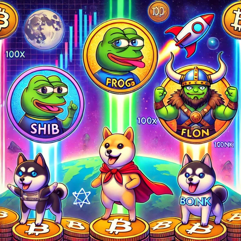 DALL·E 2025-01-18 21.37.04 - A vibrant illustration showcasing six meme coins in a fun and colorful style. The coins are represented by playful mascots_ a Shiba Inu (for SHIB), a