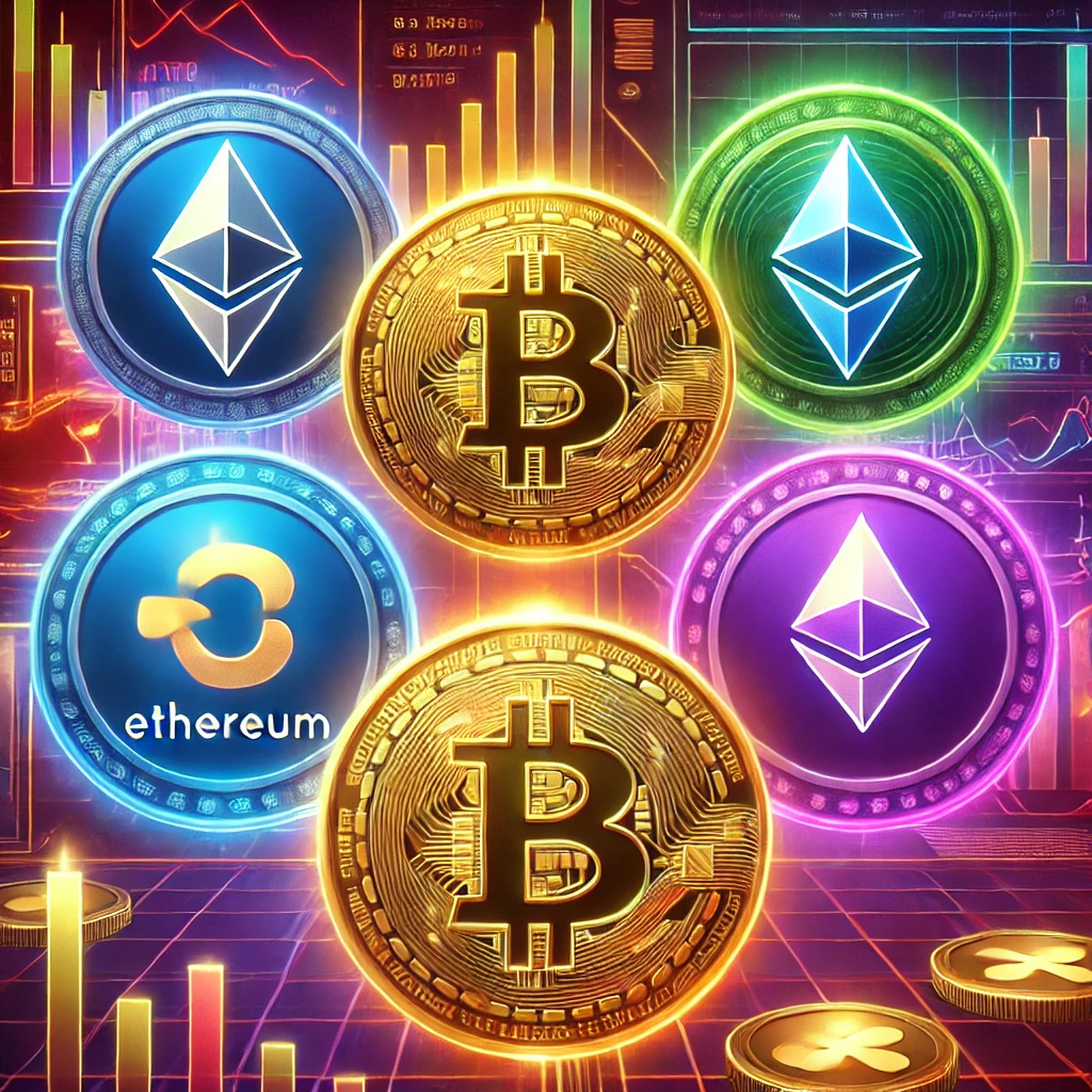 DALL·E 2025-01-18 21.59.35 - A vibrant and futuristic illustration of the top five cryptocurrencies_ Bitcoin (BTC), Ethereum (ETH), Solana (SOL), Cardano (ADA), and Ripple (XRP).