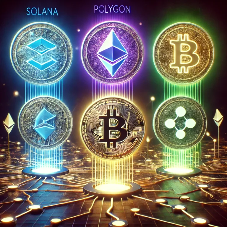 DALL·E 2025-01-19 16.27.08 - A futuristic digital artwork showcasing four altcoins (symbolized by coins or logos for Solana, Polygon, Chainlink, and Pepe Coin) on a glowing blockc