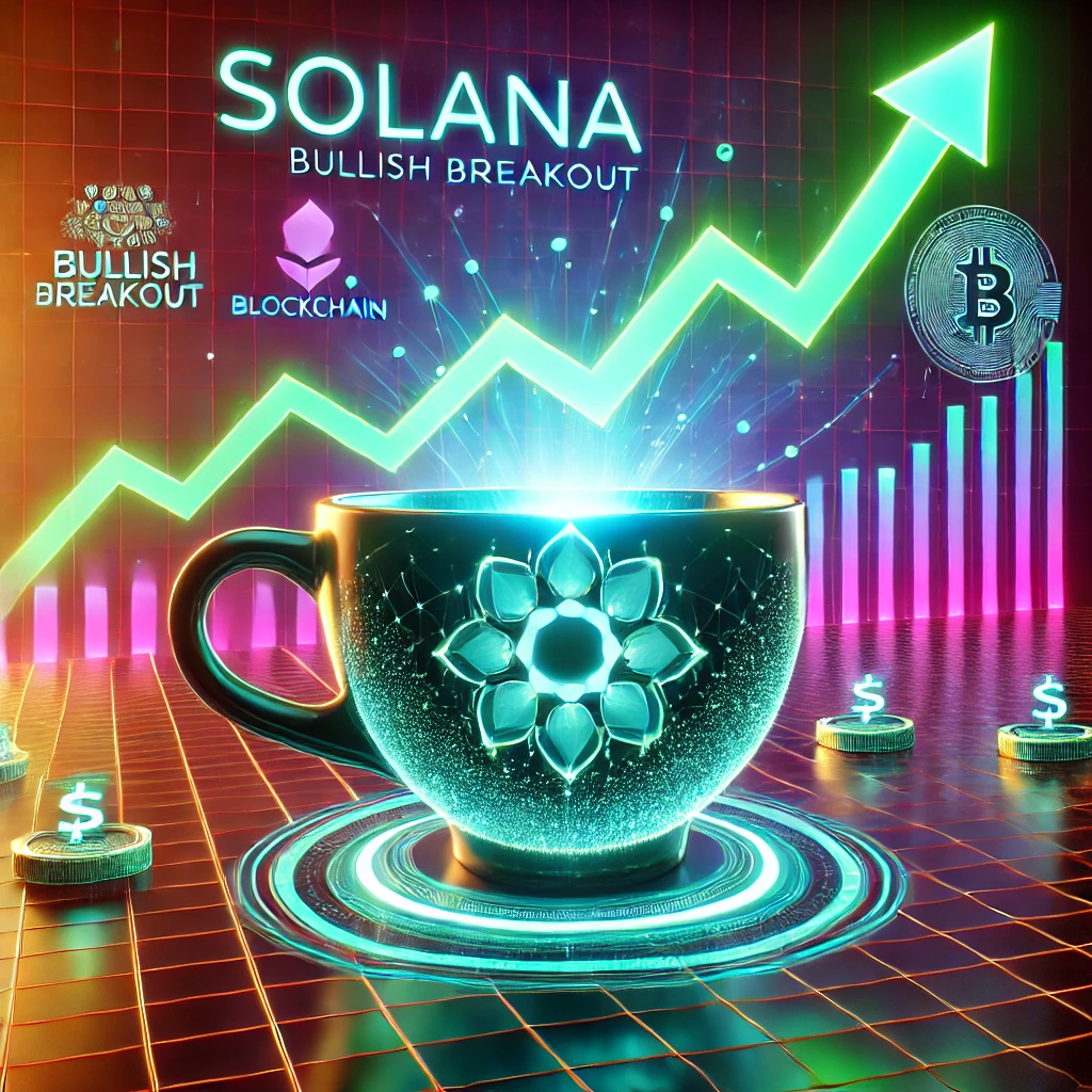 DALL·E 2025-01-19 16.36.50 - A futuristic financial chart depicting Solana's bullish breakout, featuring a cup-and-handle pattern in a glowing neon aesthetic. The chart shows a dr