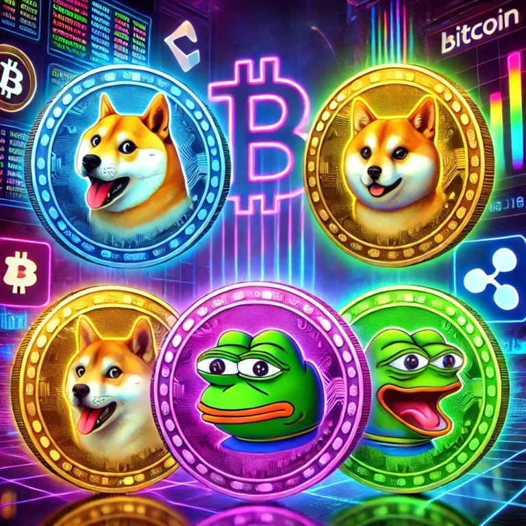 DALL·E 2025-01-19 19.19.46 - A vibrant and futuristic image of five new meme coins represented as colorful, glowing digital tokens with unique designs (a dog-themed coin, a Shiba