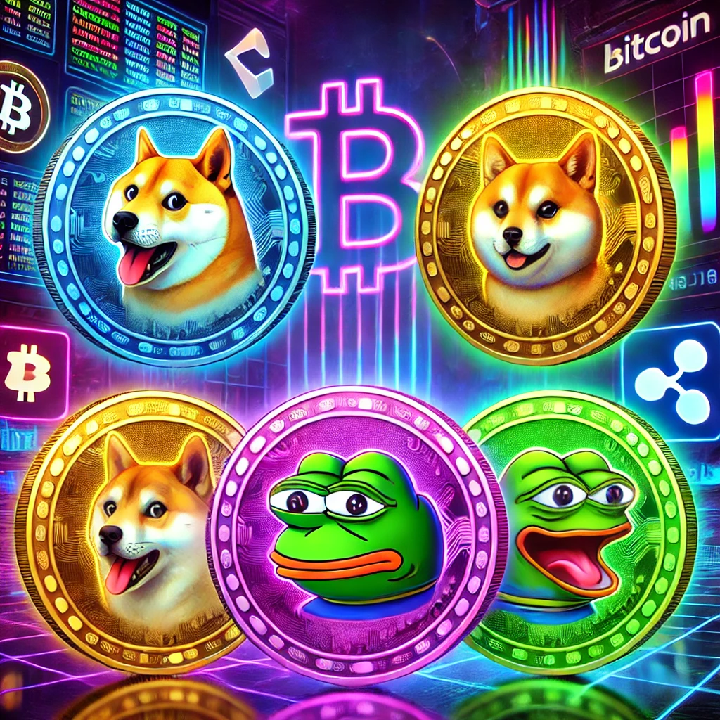 DALL·E 2025-01-19 19.19.46 - A vibrant and futuristic image of five new meme coins represented as colorful, glowing digital tokens with unique designs (a dog-themed coin, a Shiba