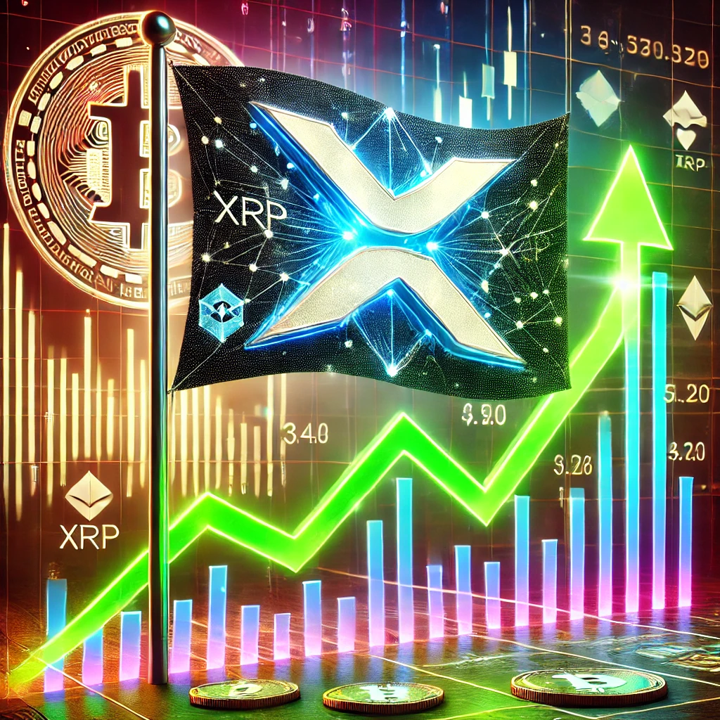 DALL·E 2025-01-19 19.32.06 - A futuristic financial chart showcasing XRP's bullish breakout from a flag pattern. The chart features a dramatic upward price trend, highlighted by g