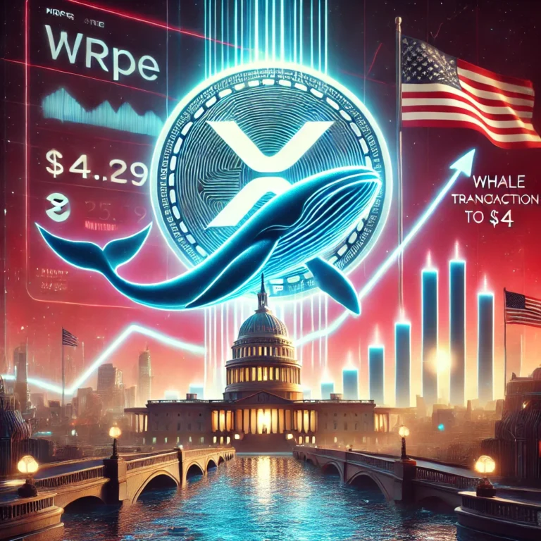 DALL·E 2025-01-19 19.48.14 - A dramatic cryptocurrency-themed image featuring a massive XRP coin surrounded by glowing neon waves, symbolizing a whale transaction. The scene inclu