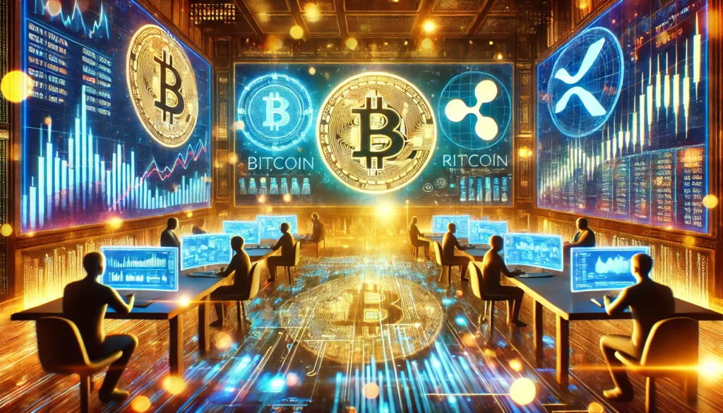 DALL·E 2025-01-19 21.14.56 - A vibrant digital artwork of a futuristic crypto trading floor featuring Bitcoin (BTC) and Ripple (XRP) symbols prominently on holographic screens. Th