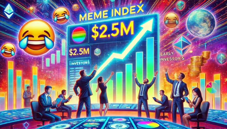 DALL·E 2025-01-19 21.31.03 - A colorful and vibrant digital artwork depicting a futuristic financial dashboard with a 'Meme Index' prominently displayed. The dashboard shows a met