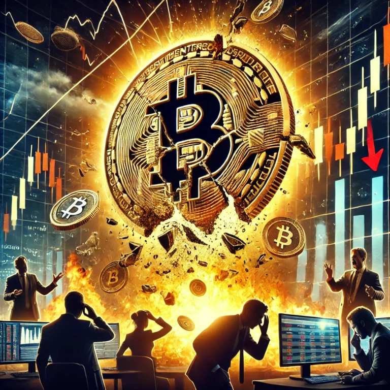 DALL·E 2025-01-20 15.40.15 - A dramatic digital illustration of Bitcoin's price plunge, showing a large Bitcoin coin cracking and falling into flames. In the background, financial