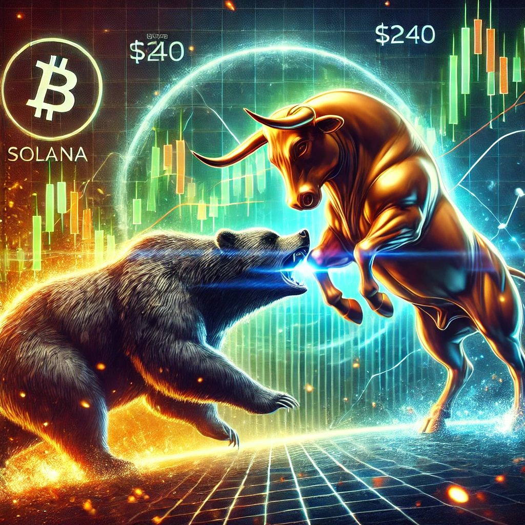 DALL·E 2025-01-20 15.48.08 - A digital illustration of a bullish Solana (SOL) market overcoming bearish pressure. The image features a strong bull pushing against a dark bear, sym