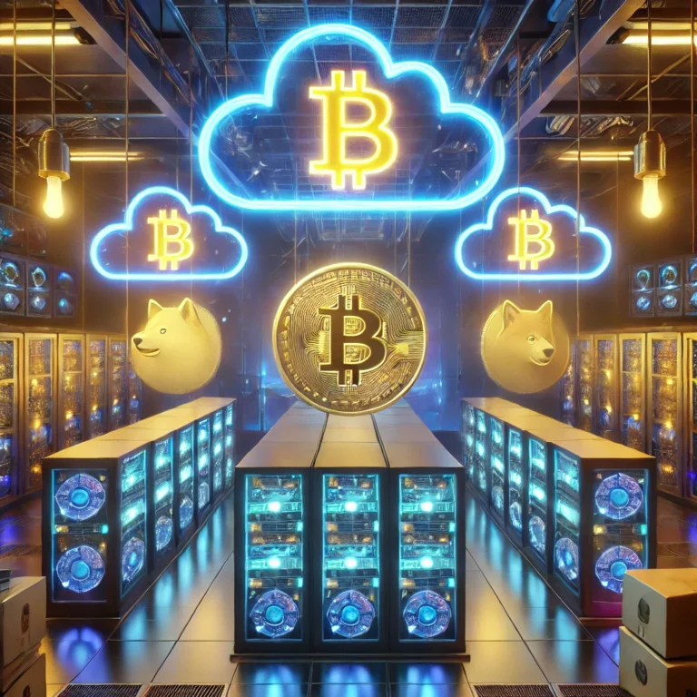 DALL·E 2025-01-20 15.54.45 - A futuristic digital cloud mining farm with glowing Dogecoin and Bitcoin symbols floating above high-tech servers. The scene is illuminated with neon