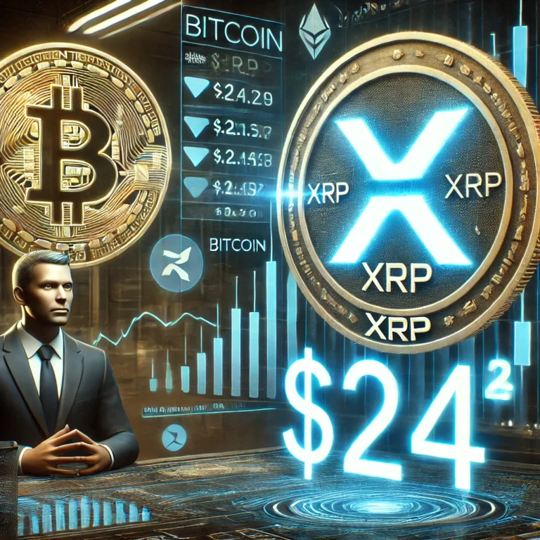 DALL·E 2025-01-20 18.12.51 - A futuristic digital financial scene featuring a glowing XRP coin prominently displayed with a $24 price tag floating above it. Bitcoin and XRP symbol