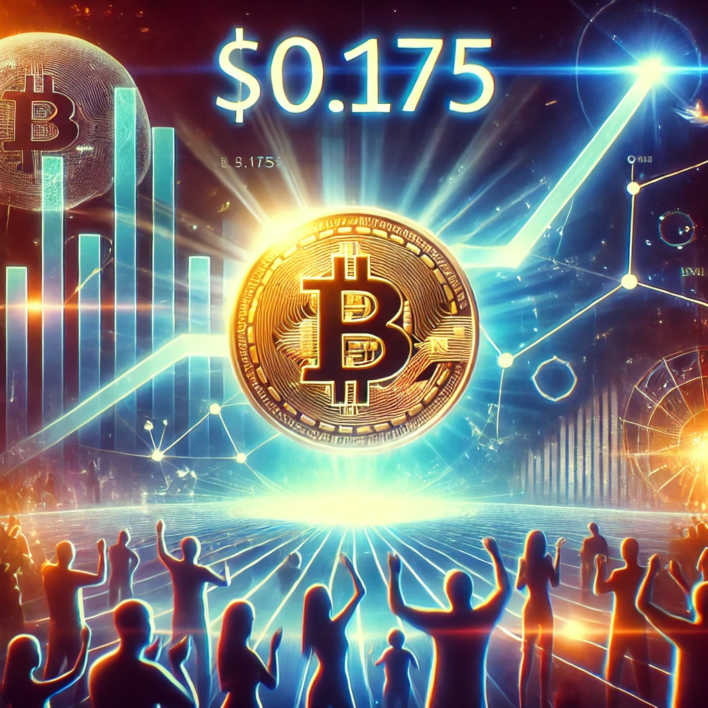 DALL·E 2025-01-20 19.21.58 - A futuristic and dynamic image showcasing a glowing cryptocurrency coin labeled '$0.175', surrounded by upward-trending graphs and a vibrant community