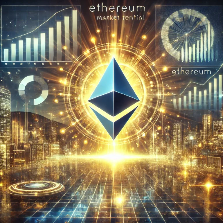 DALL·E 2025-01-20 20.12.47 - A visually stunning illustration representing Ethereum's market potential. The image features a glowing Ethereum logo ascending into the sky with a fu