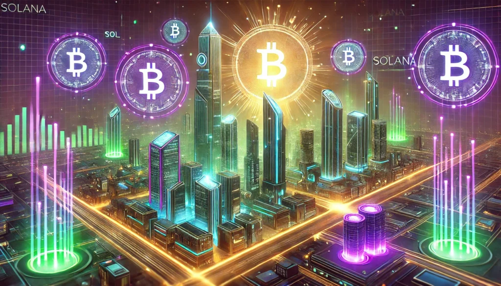 DALL·E 2025-01-21 11.30.35 - A futuristic cityscape representing blockchain and cryptocurrency innovation, with glowing Solana (SOL) logos integrated into the skyline. The design