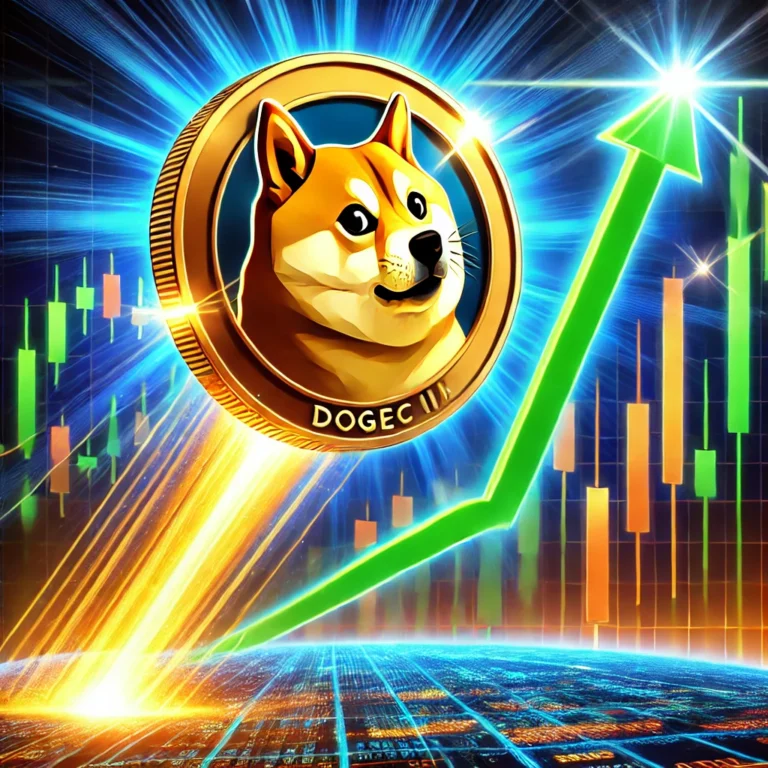 DALL·E 2025-01-22 01.26.10 - A futuristic digital illustration of Dogecoin breaking out of a falling wedge pattern. The Dogecoin logo, represented as a golden Shiba Inu coin, is s