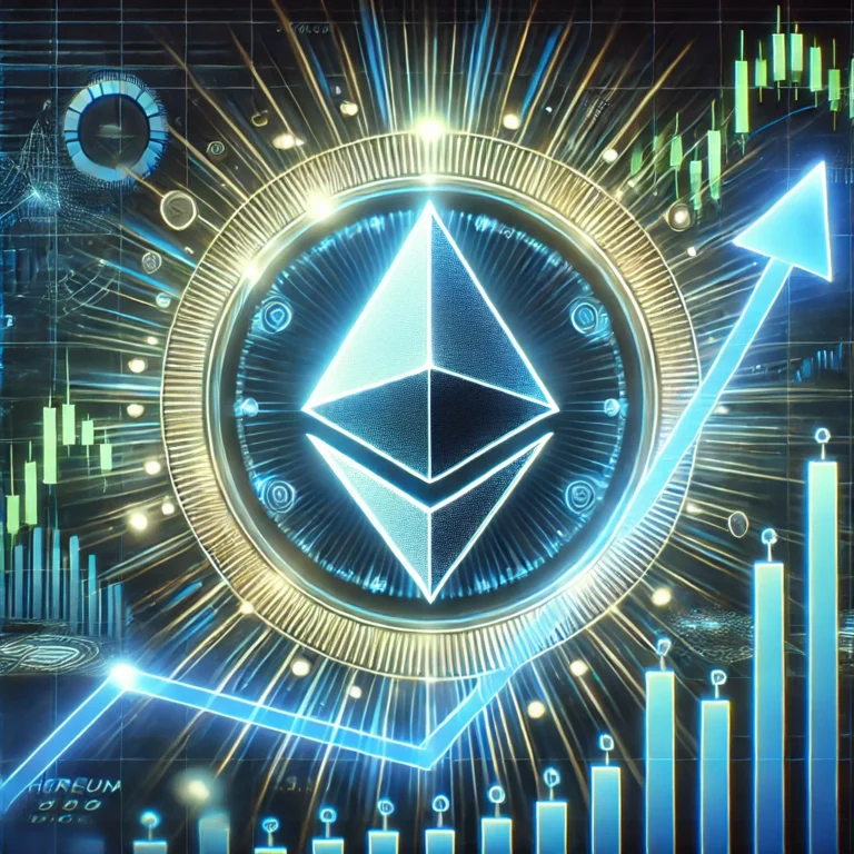 DALL·E 2025-01-22 01.29.58 - A futuristic digital illustration of Ethereum (ETH) with a glowing upward trend line. The Ethereum logo is prominently displayed in the center, surrou