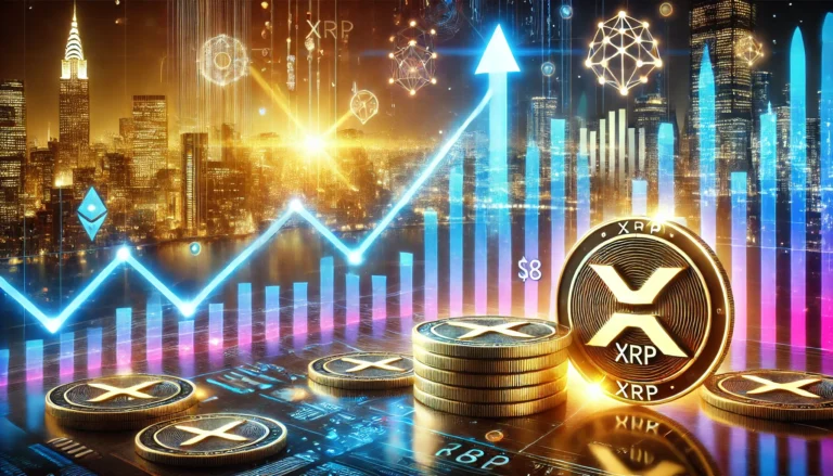 DALL·E 2025-01-22 20.23.22 - A futuristic depiction of the cryptocurrency XRP reaching a peak value of $8. The image showcases a vibrant digital graph showing an upward trend, wit