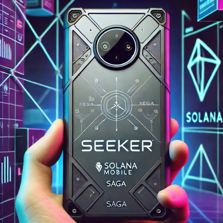 DALL·E 2025-01-22 20.57.51 - A sleek and futuristic smartphone casing called 'Seeker', designed for Solana Mobile's Saga phone, featuring a modern and minimalistic aesthetic with