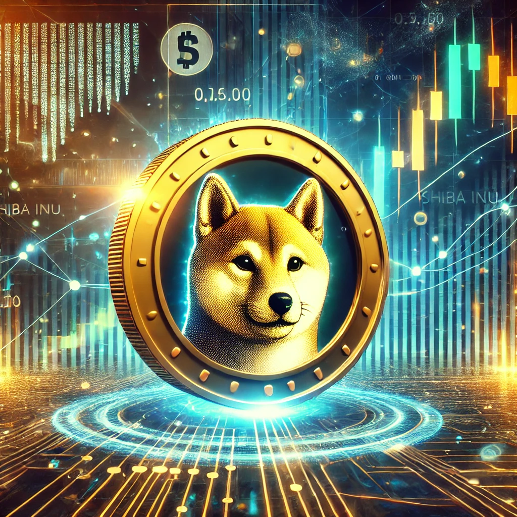 DALL·E 2025-01-22 21.10.33 - A futuristic depiction of Shiba Inu cryptocurrency represented as a glowing golden coin with a Shiba Inu dog face in the center. The coin is surrounde