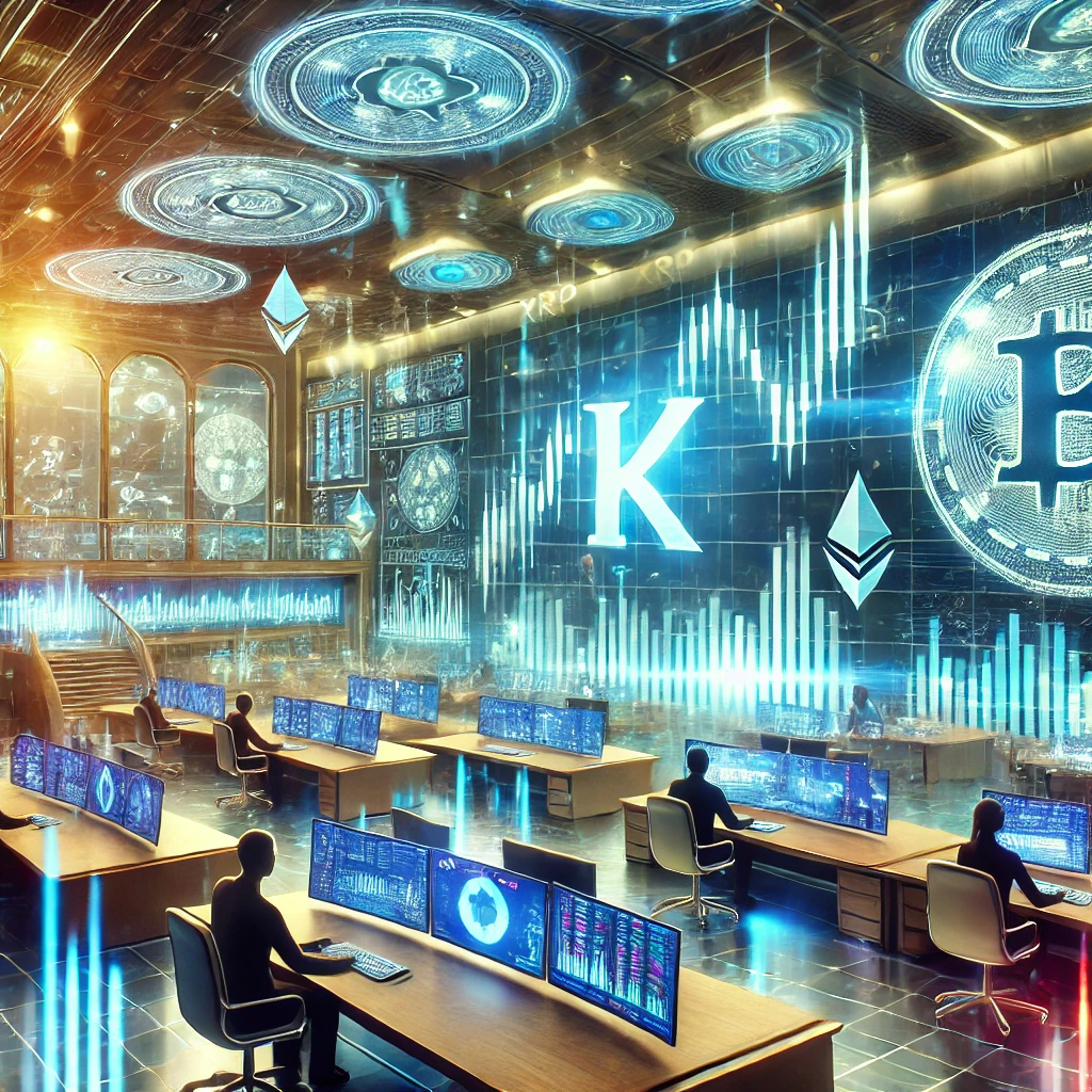 DALL·E 2025-01-22 21.22.10 - A futuristic depiction of a financial trading floor with digital screens displaying charts for XRP and Solana (SOL). The environment combines traditio