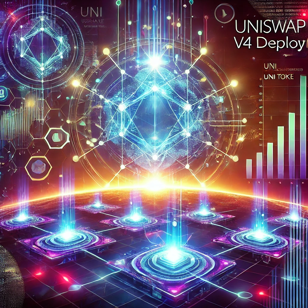 DALL·E 2025-01-22 21.30.39 - An artistic depiction of Uniswap v4 deployment showcasing a futuristic decentralized exchange interface. The image includes vibrant blockchain graphic