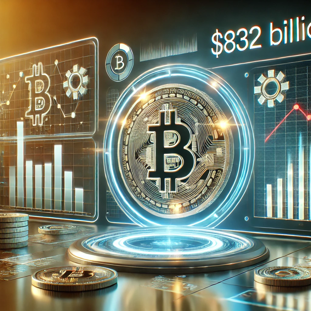 DALL·E 2025-01-23 14.38.19 - A digital illustration of a futuristic financial dashboard, highlighting Bitcoin metrics with a $832 billion marker prominently displayed. The scene i