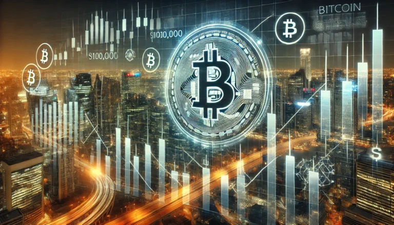 DALL·E 2025-01-24 00.47.56 - A futuristic financial market scene showing a digital display with Bitcoin prices fluctuating between $100,000 and $110,000, set against a modern city