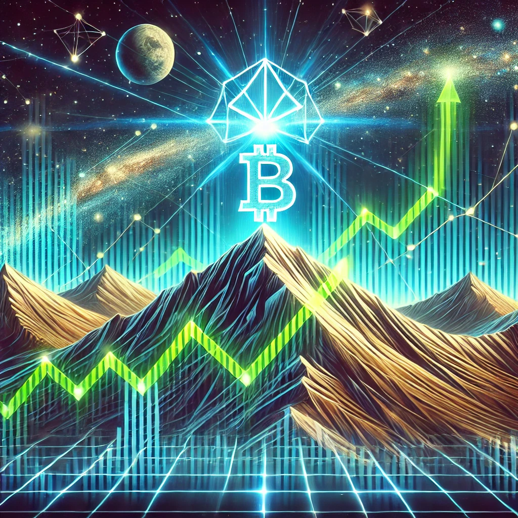 DALL·E 2025-01-24 00.54.51 - A futuristic digital artwork depicting Solana cryptocurrency reaching a new peak. The image features a glowing Solana logo atop a mountain peak surrou