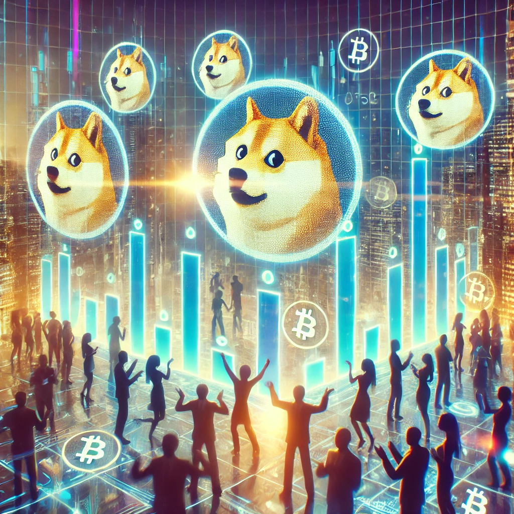 DALL·E 2025-01-24 01.03.12 - A futuristic concept art of Dogecoin-themed ETFs represented as glowing holographic financial charts surrounded by people celebrating. The scene is se