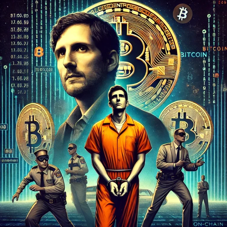 DALL·E 2025-01-24 01.39.14 - A dramatic illustration of Ross Ulbricht depicted as a central figure, with a prison background fading into an image of a Bitcoin wallet containing a