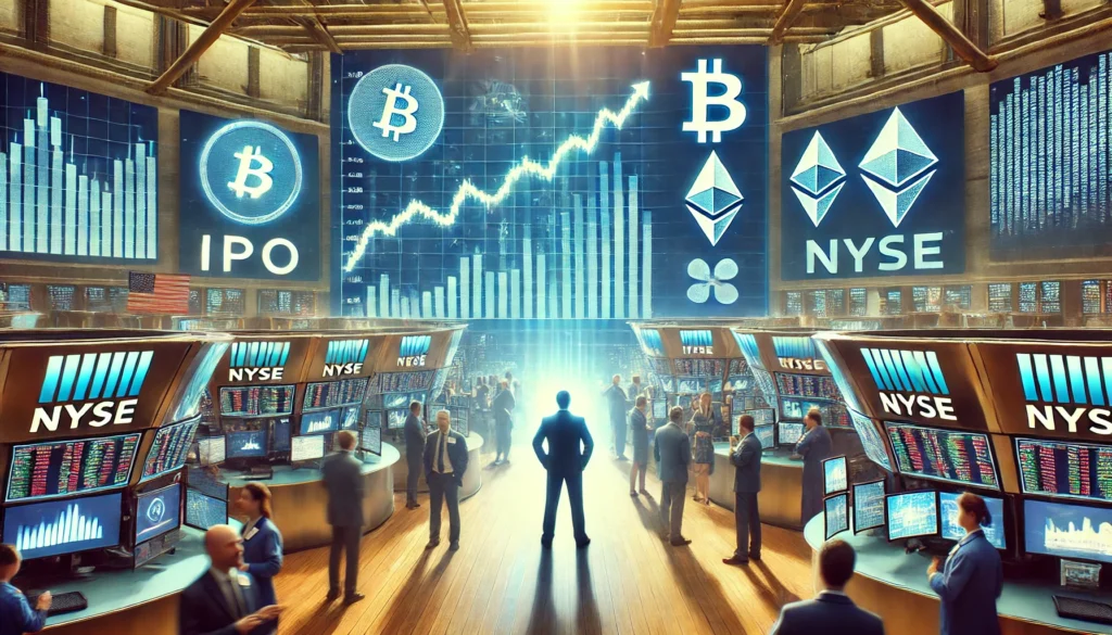 DALL·E 2025-01-24 01.48.28 - A futuristic stock exchange floor with digital screens displaying cryptocurrency symbols like Bitcoin, Ethereum, and others. The screens show charts t