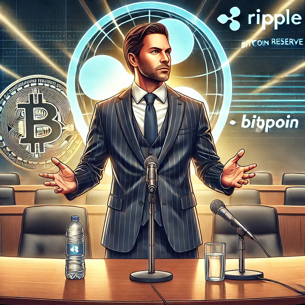 DALL·E 2025-01-24 01.53.23 - A realistic digital illustration of Brad Garlinghouse, CEO of Ripple, in a professional setting, defending Ripple’s strategic push for a Bitcoin reser