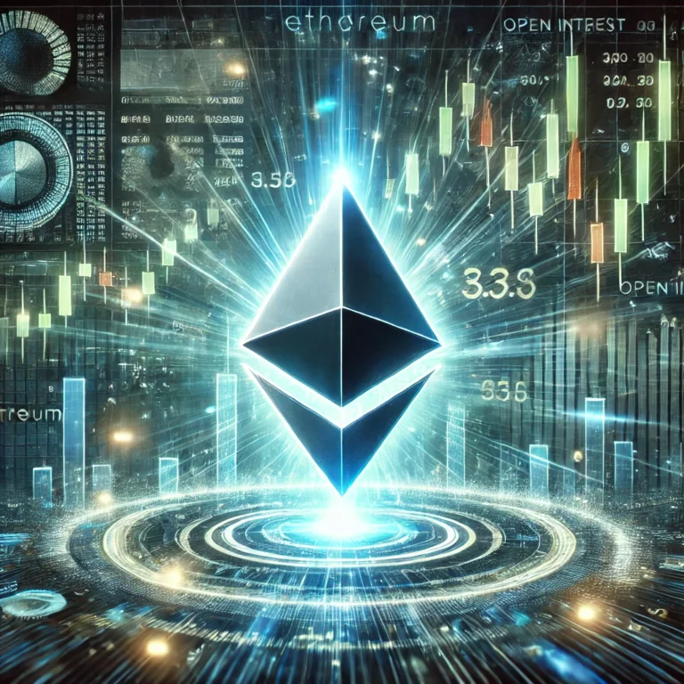 DALL·E 2025-01-24 21.32.45 - A futuristic and dynamic digital illustration of Ethereum's logo glowing amidst a storm of data and numbers, symbolizing market volatility and an impe