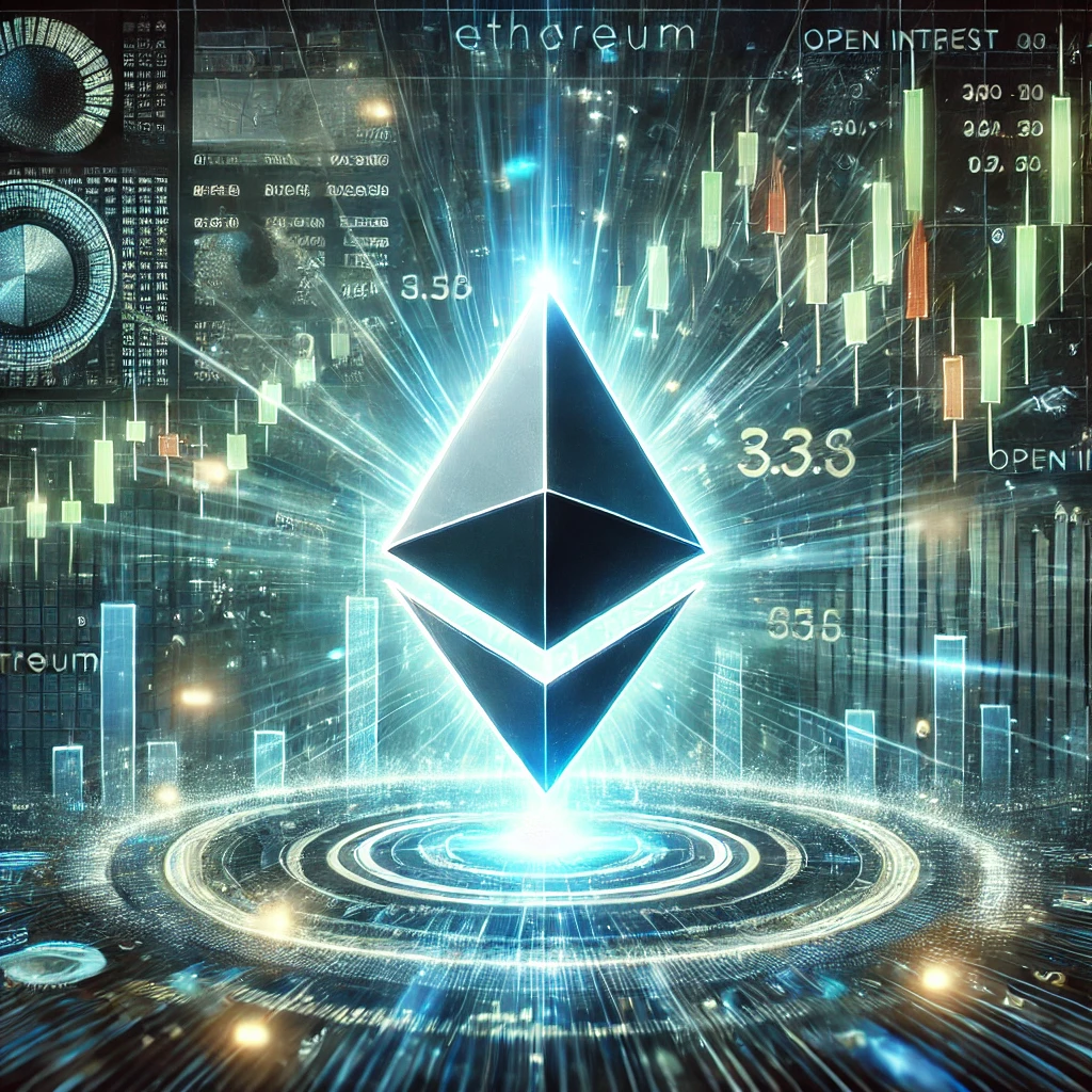 DALL·E 2025-01-24 21.32.45 - A futuristic and dynamic digital illustration of Ethereum's logo glowing amidst a storm of data and numbers, symbolizing market volatility and an impe