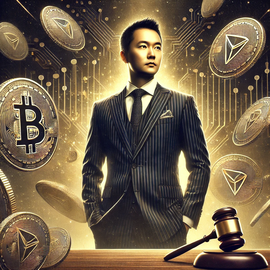 DALL·E 2025-01-24 21.36.45 - A dramatic digital illustration featuring Justin Sun, the founder of TRON, in a tense legal courtroom setting. He is depicted standing confidently in