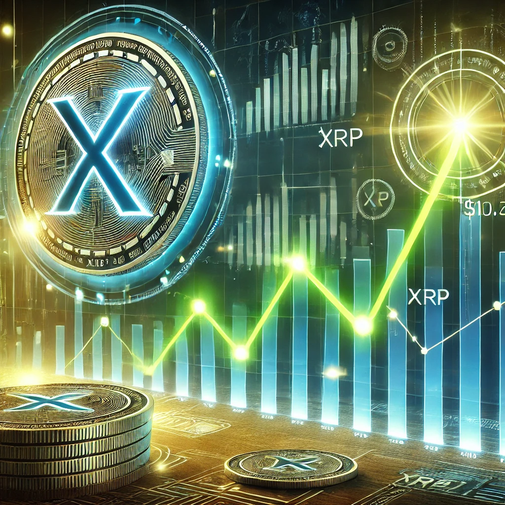 DALL·E 2025-01-24 21.42.03 - A digital illustration of XRP cryptocurrency reaching a price target of $10. The image features a futuristic financial chart with an upward-trending g