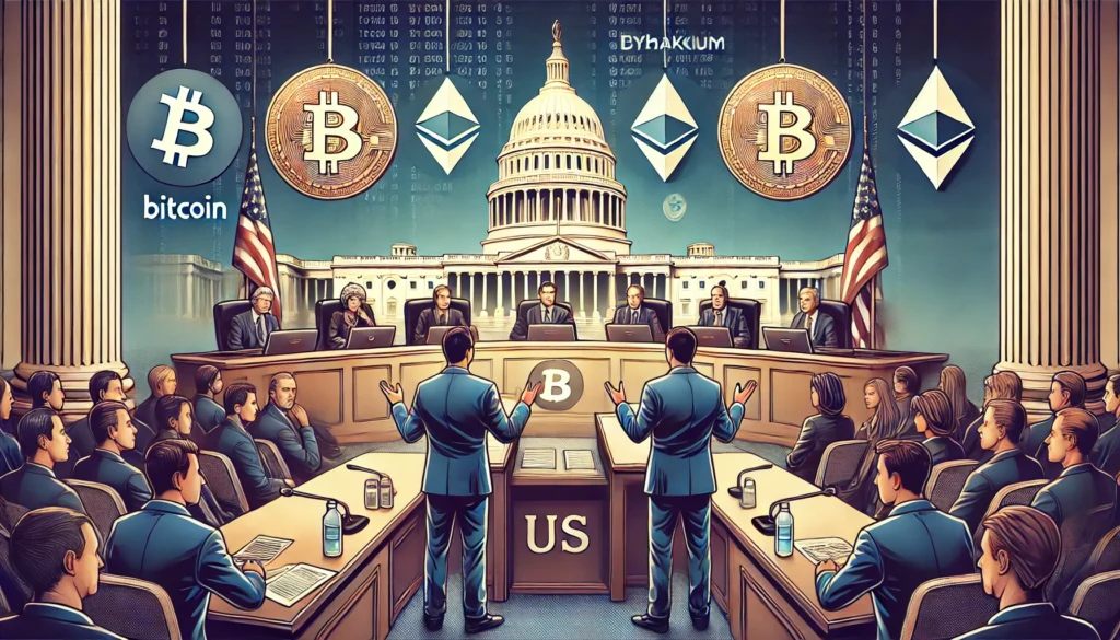 DALL·E 2025-01-24 21.46.55 - A digital illustration depicting US lawmakers in a formal congressional hearing, investigating the debanking of cryptocurrency companies. The scene in