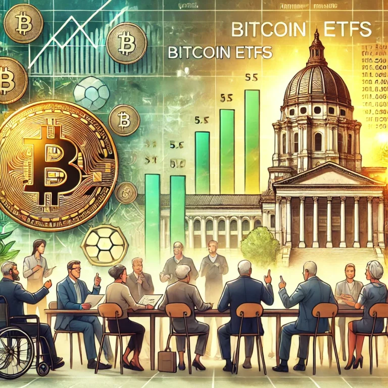 DALL·E 2025-01-24 22.10.55 - An artistic illustration showing the concept of Bitcoin ETFs and pension funds. The image features a modern financial scene with a Bitcoin coin in the