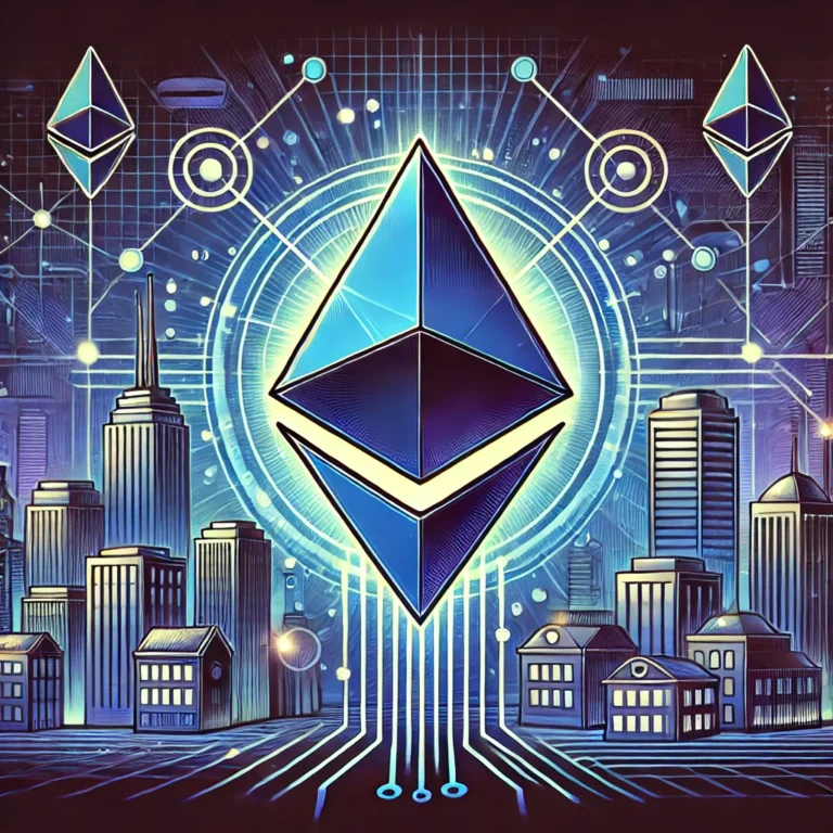 DALL·E 2025-01-26 21.47.00 - A detailed illustration of the Ethereum logo with a futuristic cityscape background. The image should include elements representing blockchain technol