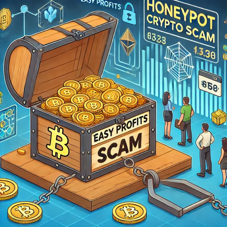 DALL·E 2025-01-26 22.01.27 - An educational illustration explaining a 'honeypot crypto scam'. The image features a deceptive treasure chest labeled 'Easy Profits' in a digital env